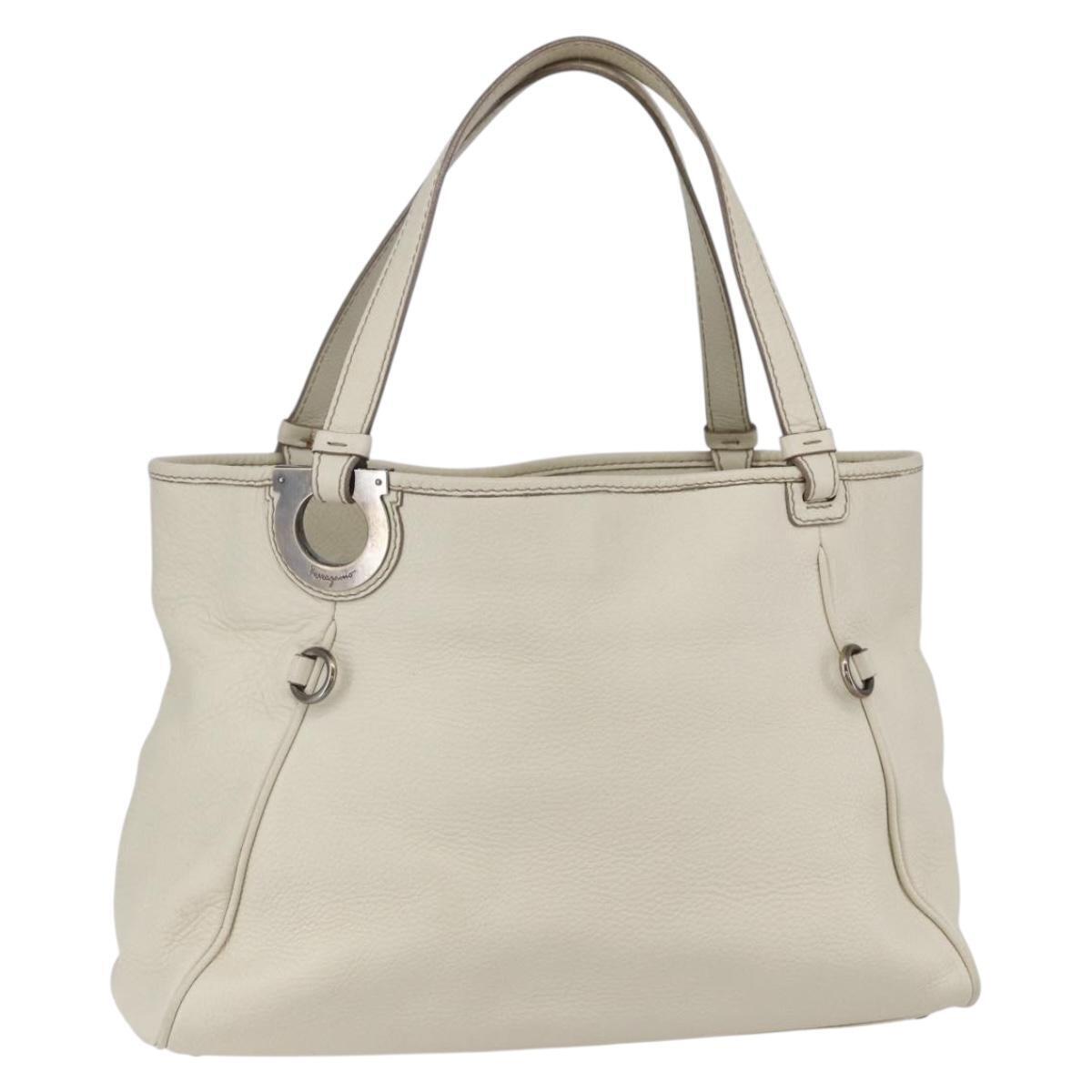 Salvatore Ferragamo Tote Bag Leather White Silver Auth Bs30640